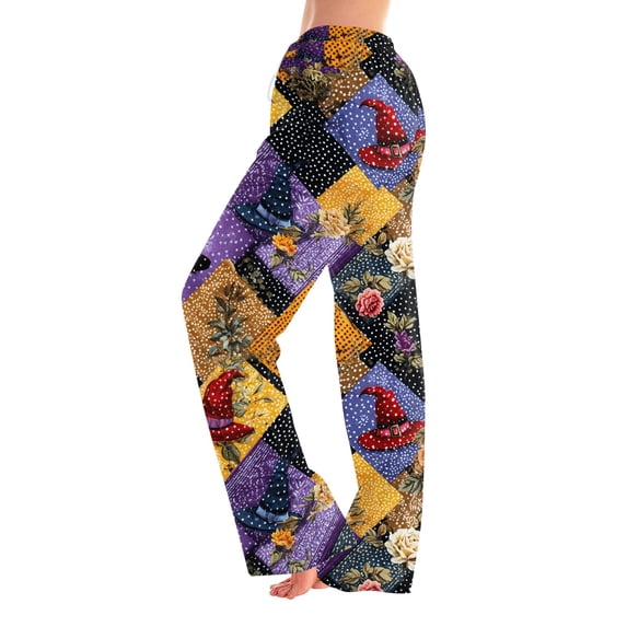 JULMCOMO Halloween Pajamas Pants for Women Ghost Pumpkin Cat Print Drawstring Elastic Waisted Casual Pj Pants Cute Print Comfy Loose Pajama Bottoms Dark Purple 2XL