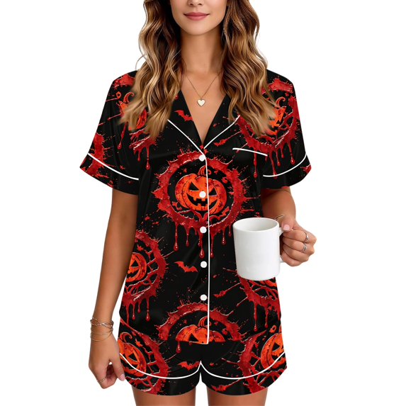 JULMCOMO Halloween Pajamas for Women Set Blood Print Collared Button Party Matching Sets Funny Printed Elastic Waist Holiday Shorts Red 2XL