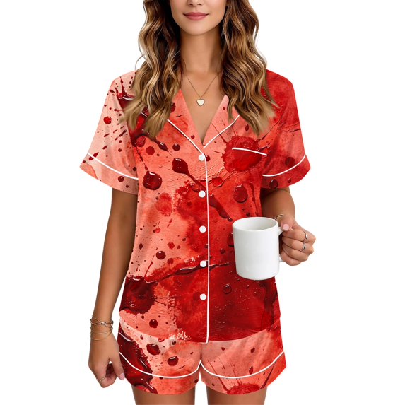 JULMCOMO Halloween Pajamas for Women Set Blood Print Collared Button Party Matching Sets Funny Printed Elastic Waist Holiday Shorts Watermelon Red XL