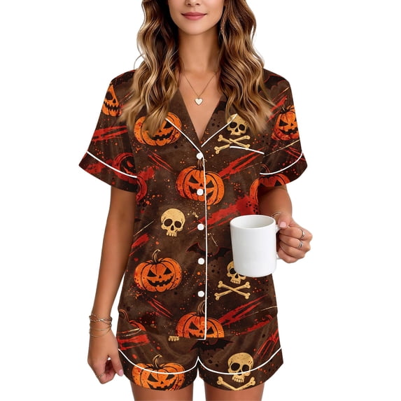 JULMCOMO Halloween Pajamas for Women Skull Print Holiday Costume Set Pj Sets Cute Printed Collared Button Down Shirts Orange 2XL