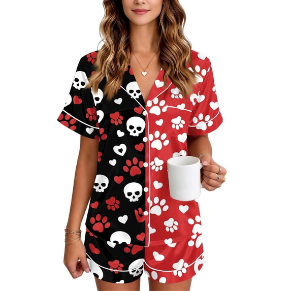 JULMCOMO Halloween Pajamas for Women Skull Print Holiday Costume Set Pj Sets Cute Printed Collared Button Down Shirts Red S