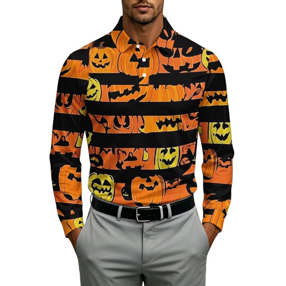 JULMCOMO Halloween Polo Shirts for Men Bat Pumpkin Face Print Collared Long Sleeve Trendy Loose Fit Golf Shirts Holiday Party Graphic Tees Multicolor 2XL