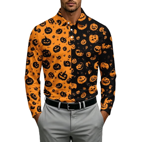 JULMCOMO Halloween Polo Shirts for Men Bat Pumpkin Skull Print Collared Long Sleeve Loose Fit Casual Golf Shirts Party Holiday Graphic Tees Dark Gray 3XL