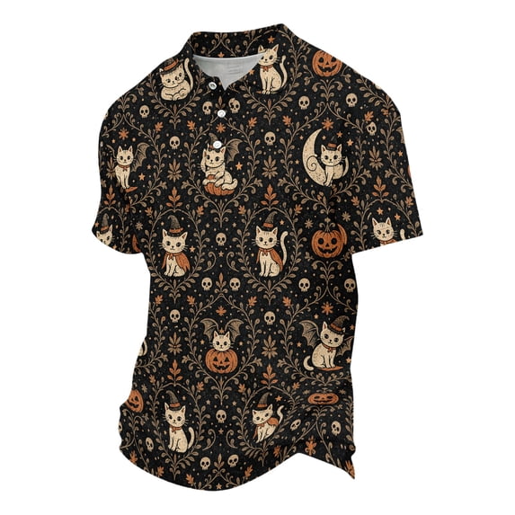 JULMCOMO Halloween Polo Shirts for Men Cat Ghost Pumpkin Print Collared Short Sleeve Casual Loose Comfy Golf Shirts Holiday Party Graphic Tees Coffee 3XL