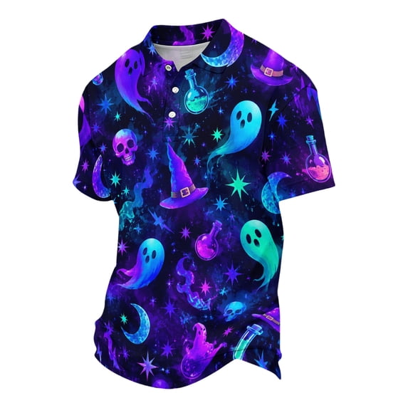 JULMCOMO Halloween Polo Shirts for Men Cat Ghost Pumpkin Print Collared Short Sleeve Casual Loose Comfy Golf Shirts Holiday Party Graphic Tees Sky Blue 2XL