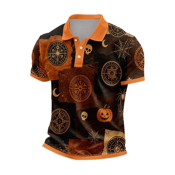 JULMCOMO Halloween Polo Shirts for Men Pumpkin Skull Spider Web Print Short Sleeve Collared Trendy Loose Fit Golf Shirts Party Graphic Tees Light Brown L