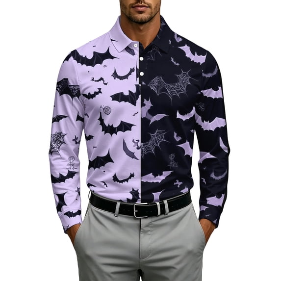 JULMCOMO Halloween Polo Shirts for Men Bat Pumpkin Skull Print Collared Long Sleeve Loose Fit Casual Golf Shirts Party Holiday Graphic Tees Blue 2XL