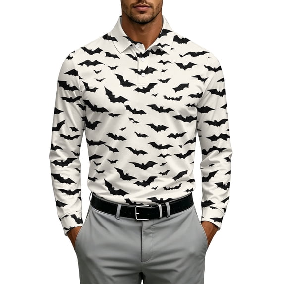 JULMCOMO Halloween Polo Shirts for Men Bat Pumpkin Skull Print Collared Long Sleeve Loose Fit Casual Golf Shirts Party Holiday Graphic Tees Gray M