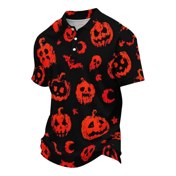JULMCOMO Halloween Polo Shirts for Men Cat Ghost Pumpkin Print Collared Short Sleeve Casual Loose Comfy Golf Shirts Holiday Party Graphic Tees Red L