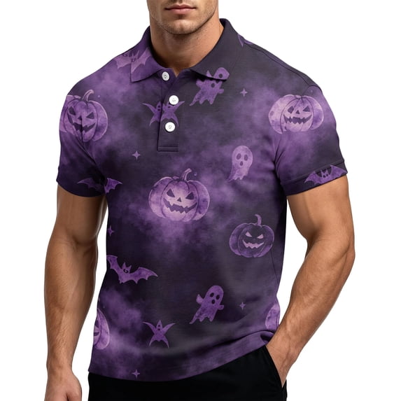 JULMCOMO Halloween Polo Shirts for Men Pumpkin Bat Skull Print Short Sleeve Collared Casual Loose Graphic Tees Party Holiday Golf Shirts Black M