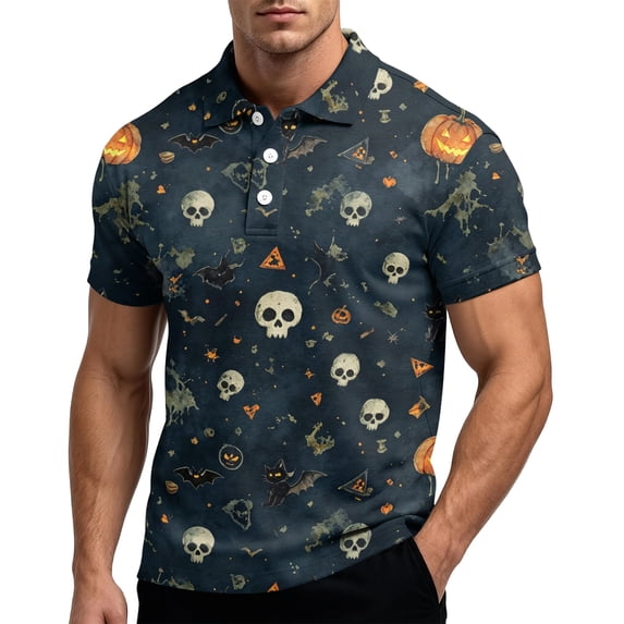 JULMCOMO Halloween Polo Shirts for Men Pumpkin Bat Skull Print Short Sleeve Collared Casual Loose Graphic Tees Party Holiday Golf Shirts Blue M