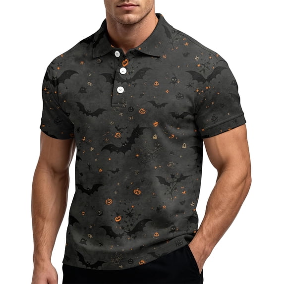 JULMCOMO Halloween Polo Shirts for Men Pumpkin Bat Skull Print Short Sleeve Collared Casual Loose Graphic Tees Party Holiday Golf Shirts Purple 2XL