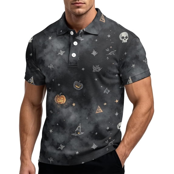 JULMCOMO Halloween Polo Shirts for Men Pumpkin Bat Skull Print Short Sleeve Collared Casual Loose Graphic Tees Party Holiday Golf Shirts Red 2XL