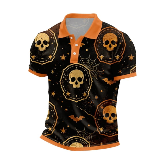 JULMCOMO Halloween Polo Shirts for Men Pumpkin Skull Spider Web Print Short Sleeve Collared Trendy Loose Fit Golf Shirts Party Graphic Tees Coffee L