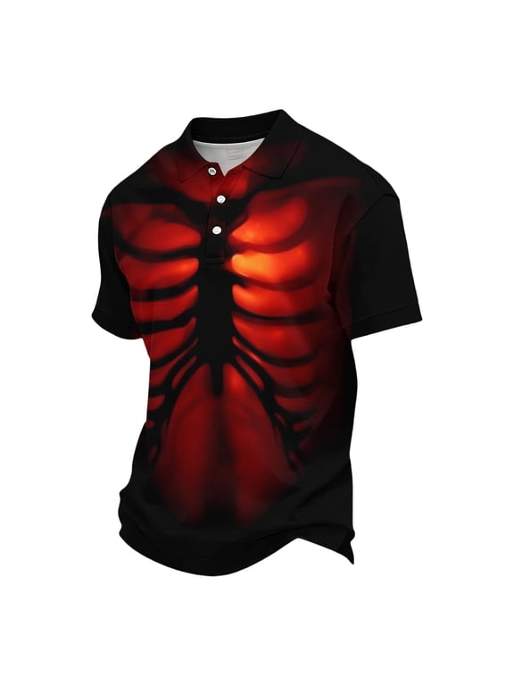 Halloween Polo Shirts for Men Ribcage Skeleton Print Short Sleeve Collared Trendy Loose Fit Tops Holiday Party Graphic Tees Watermelon Red M