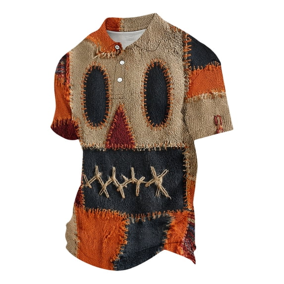 JULMCOMO Halloween Polo Shirts for Men Scarecrow Pumpkin Face Print Collared Short Sleeve Loose Trendy Golf Shirts Holiday Party Tops Beige 5XL