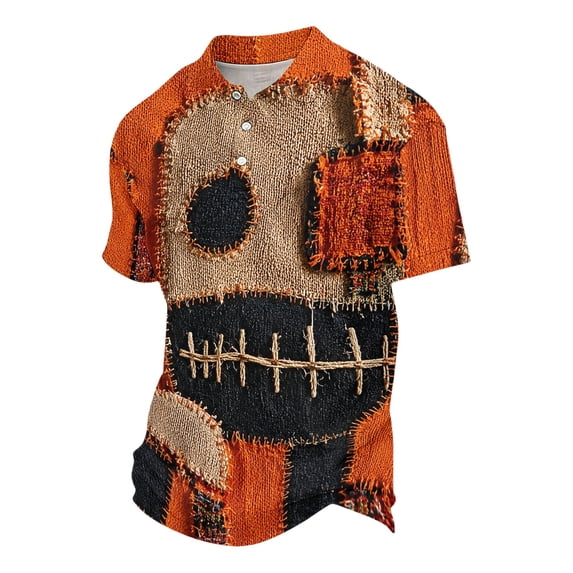 JULMCOMO Halloween Polo Shirts for Men Scarecrow Pumpkin Face Print Collared Short Sleeve Loose Trendy Golf Shirts Holiday Party Tops Khaki 3XL