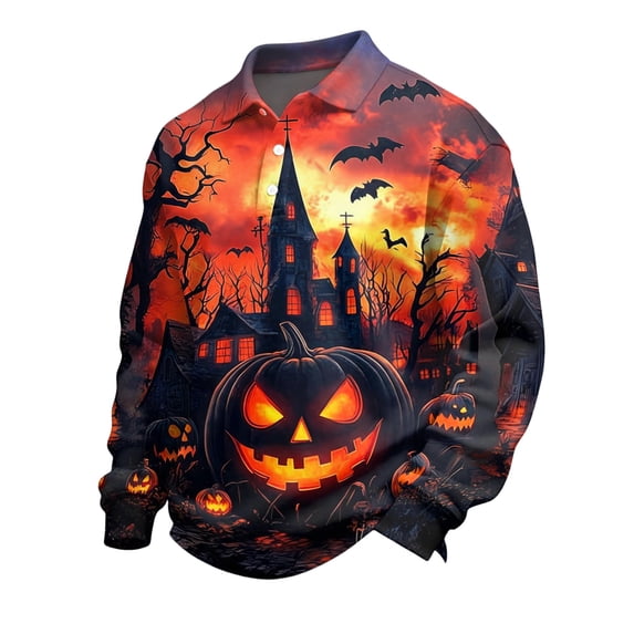 JULMCOMO Halloween Polo Shirts for Men Skull Pumpkin Print Long Sleeve Collared Casual Loose Golf Shirts Party Holiday Fall Tops Gold M
