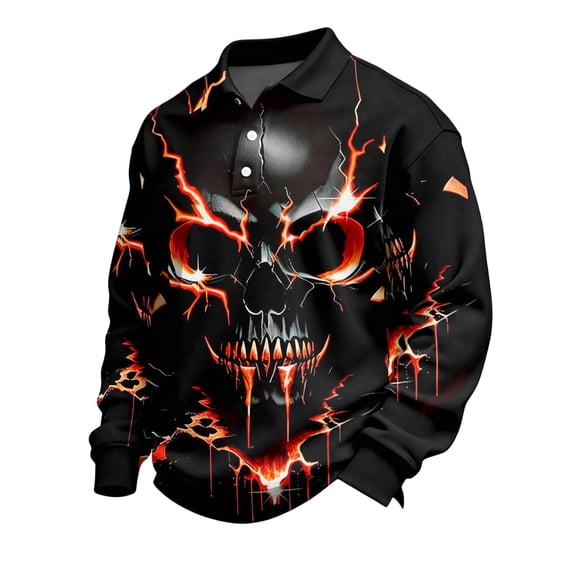 JULMCOMO Halloween Polo Shirts for Men Skull Pumpkin Print Long Sleeve Collared Casual Loose Golf Shirts Party Holiday Fall Tops Hot Pink XL