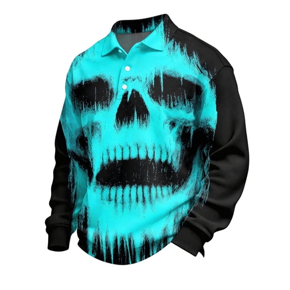 JULMCOMO Halloween Polo Shirts for Men Skull Pumpkin Print Long Sleeve Collared Casual Loose Golf Shirts Party Holiday Fall Tops Turquoise L