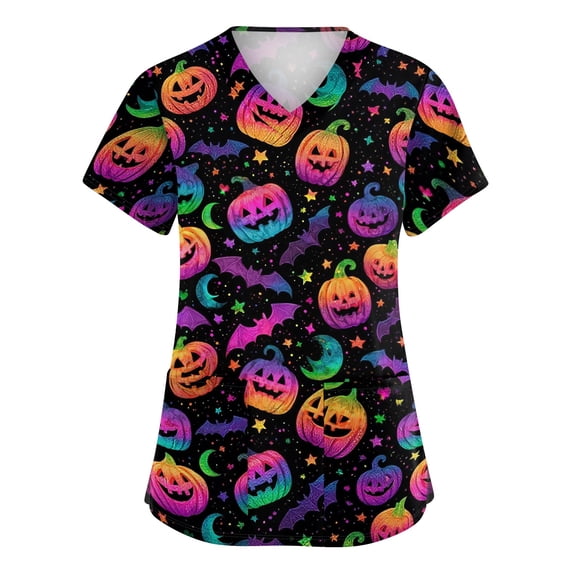 JULMCOMO Halloween Scrub Tops for Women Plus Size Castle Pumpkin Ghost Print V Neck Scrubs Trendy Loose Holiday Nurse Uniform Shirts with Pockets Purple XL