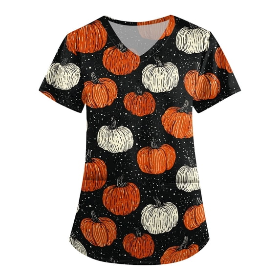 JULMCOMO Halloween Scrub Tops for Women Plus Size Cute Print V Neck Holiday Graphic Tees Casual Loose Funny Halloween Printed Nurse Uniform Shirts with Pockets Saffron 3XL