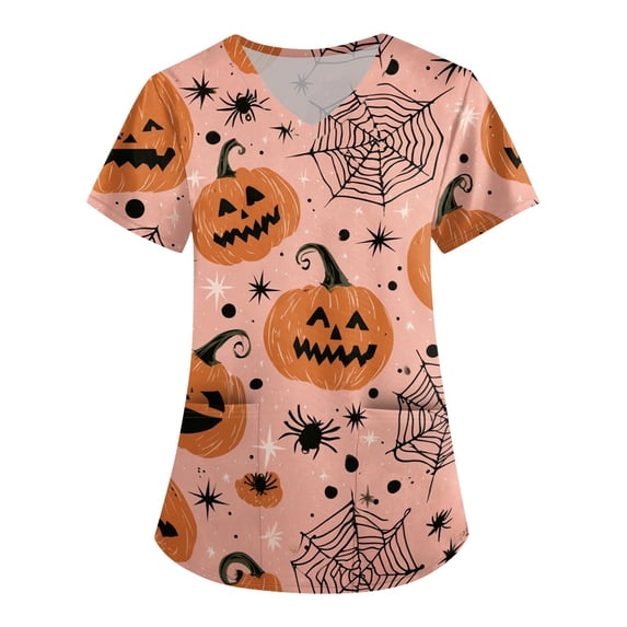 JULMCOMO Halloween Scrub Tops for Women Plus Size Cute Print V Neck Holiday Graphic Tees Casual Loose Funny Halloween Printed Nurse Uniform Shirts with Pockets Earthy Yellow S