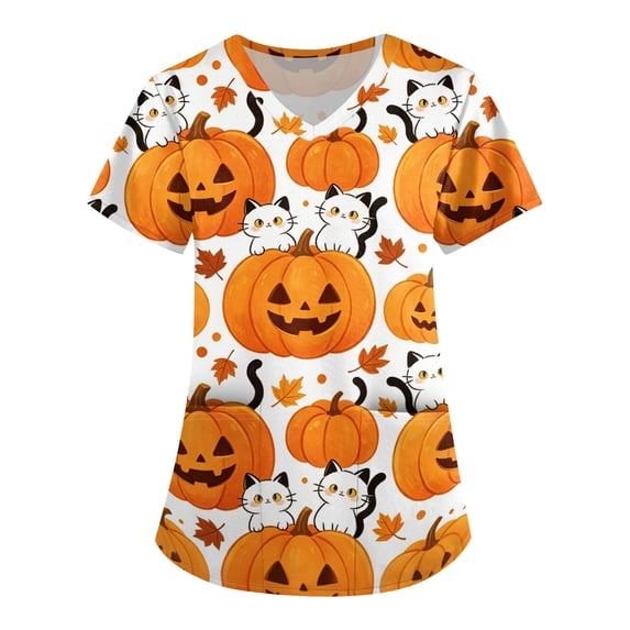 JULMCOMO Halloween Scrub Tops for Women Plus Size Cute Print V Neck Holiday Graphic Tees Casual Loose Funny Halloween Printed Nurse Uniform Shirts with Pockets Yellow 5XL