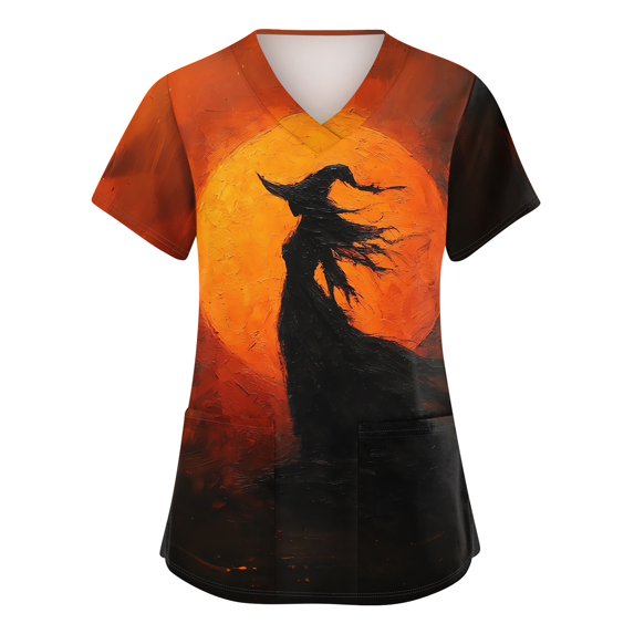 JULMCOMO Halloween Scrub Tops for Women Plus Size Dark Forest Witch Print V Neck Graphic Tees Loose Trendy Holiday Nurse Uniform Shirts with Pockets Orange L