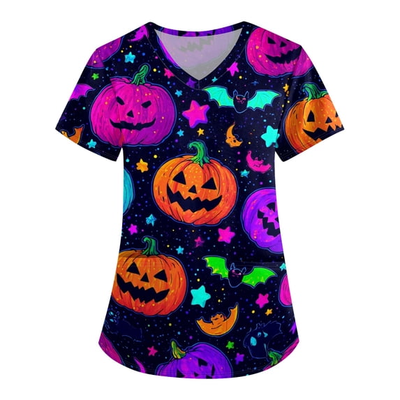 JULMCOMO Halloween Scrub Tops for Women Plus Size Funny Print V Neck Loose Trendy Scrubs Cute Halloween Printed Holiday Nurse Uniform Shirts with Pockets Multicolor 3XL