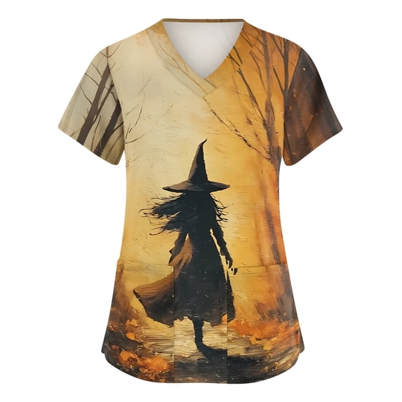 JULMCOMO Halloween Scrub Tops for Women Plus Size Ghost Witch Bat Print V Neck Graphic Tees Loose Casual Holiday Nurse Uniform Shirts with Pockets Yellow XL