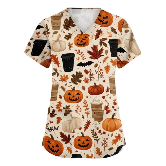 JULMCOMO Halloween Scrub Tops for Women Plus Size Pumpkin Haunted Castle Print V Neck Graphic Tees Loose Casual Holiday Nurse Uniform Shirts with Pockets Multicolor 3XL