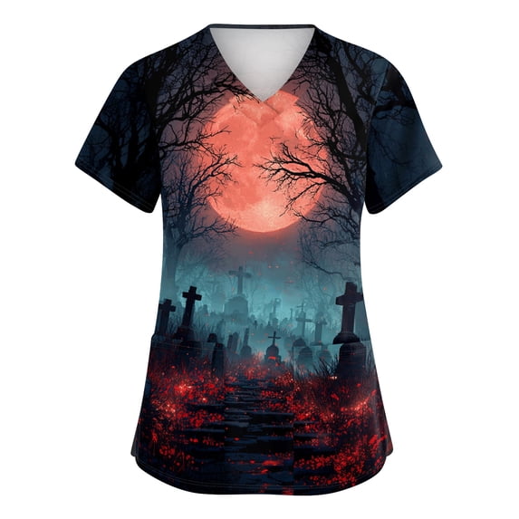 JULMCOMO Halloween Scrub Tops for Women Plus Size Pumpkin Haunted Castle Print V Neck Graphic Tees Trendy Loose Holiday Nurse Uniform Shirts with Pockets Purple 5XL