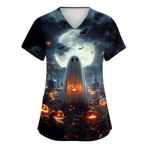 JULMCOMO Halloween Scrub Tops for Women Plus Size Pumpkin Witch Ghost Print V Neck Scrubs Trendy Loose Holiday Nurse Uniform Shirts with Pockets Black 3XL
