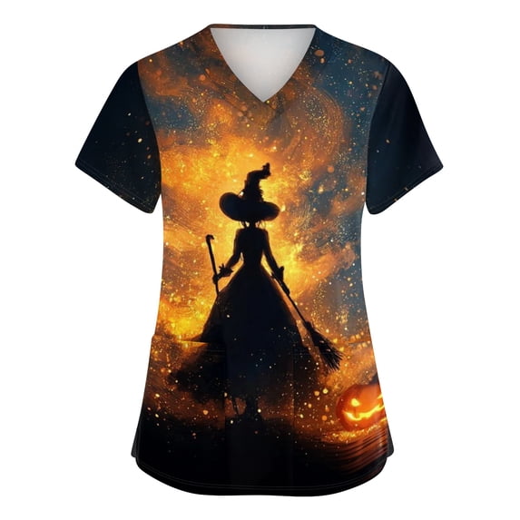 JULMCOMO Halloween Scrub Tops for Women Plus Size Pumpkin Witch Ghost Print V Neck Scrubs Trendy Loose Holiday Nurse Uniform Shirts with Pockets Multicolor 3XL