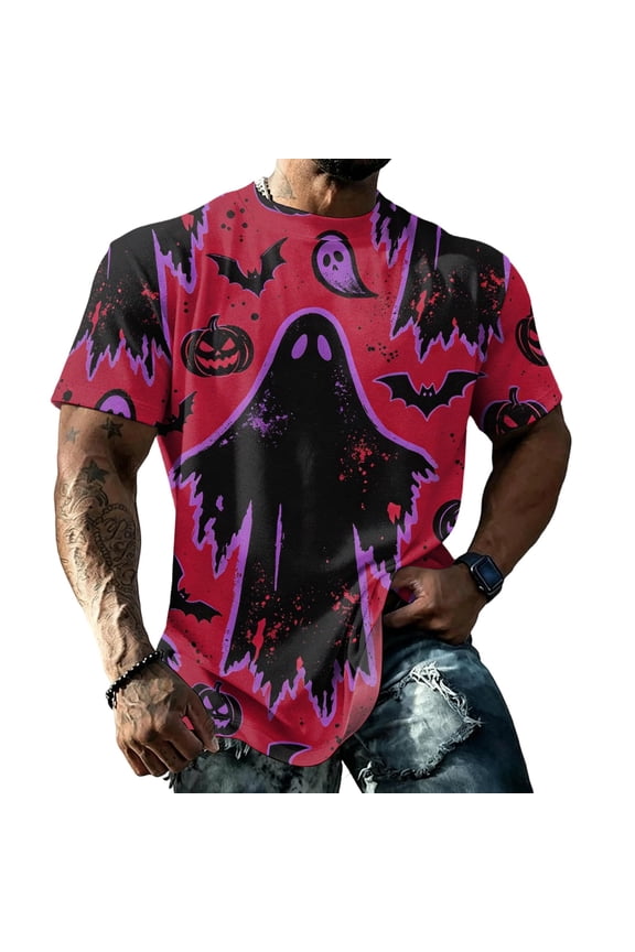 Halloween Shirts for Men Pumpkin Ghost Haunted Castle Print Crew Neck Trendy T Shirts Funny Print Party Holiday Graphic Tees Purple 2XL