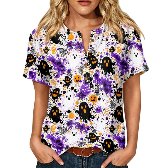 JULMCOMO Halloween Shirts for Women Cotton Linen Funny Witch Ghost Pumpkin Print Henley Casual Tunic Tops Holiday Costume Graphic Tees Purple L