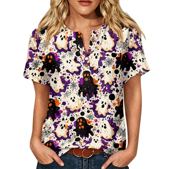 JULMCOMO Halloween Shirts for Women Cotton Linen Funny Witch Pumpkin Ghost Print Henley Trendy Tunic Tops Holiday Costume Graphic Tees Purple XL