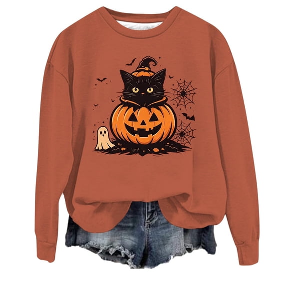 JULMCOMO Halloween Sweaters for Women Cat Pumpkin Ghost Print Crew Neck Loose Fit Pullover Sweatshirts Cute Print Casual Holiday Party Outfits Brown 2XL