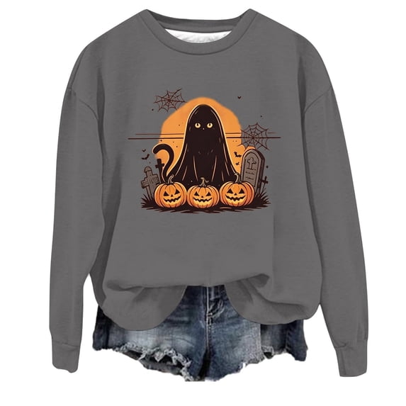 JULMCOMO Halloween Sweaters for Women Cat Pumpkin Ghost Print Crew Neck Loose Fit Pullover Sweatshirts Cute Print Casual Holiday Party Outfits Dark Gray 3XL