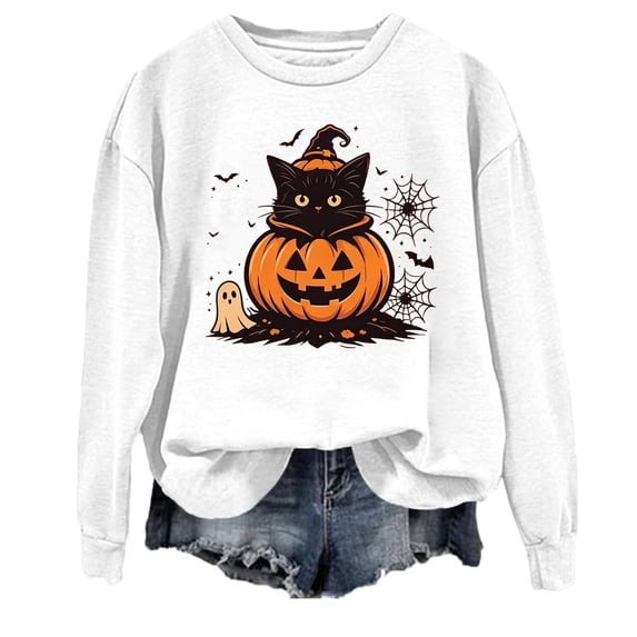 JULMCOMO Halloween Sweaters for Women Cat Pumpkin Ghost Print Crew Neck Loose Fit Pullover Sweatshirts Cute Print Casual Holiday Party Outfits White L
