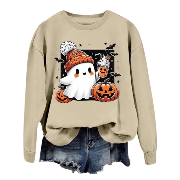 JULMCOMO Halloween Sweaters for Women Cute Ghost Print Crew Neck Loose Trendy Pullover Outfits Funny Print Party Baggy Holiday Comfy Sweatshirts Khaki XL