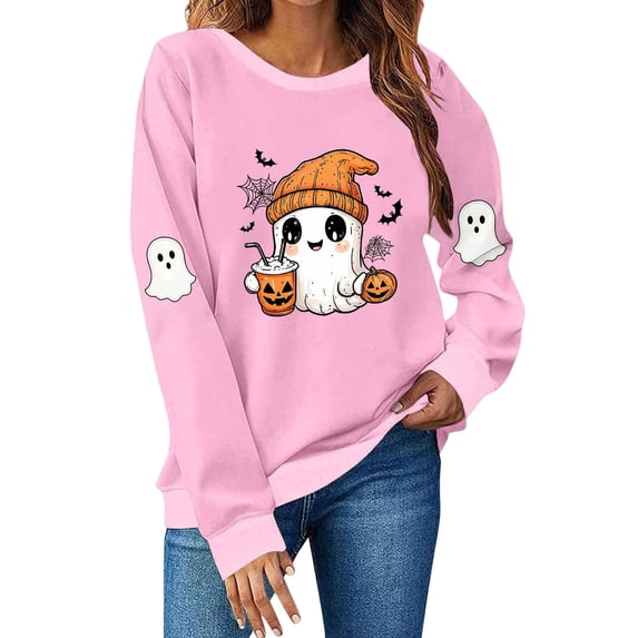 JULMCOMO Halloween Sweaters for Women Cute Ghost Print Loose Fit Casual Comfy Sweatshirt Funny Print Pullover Party Holiday Outfits Pink M