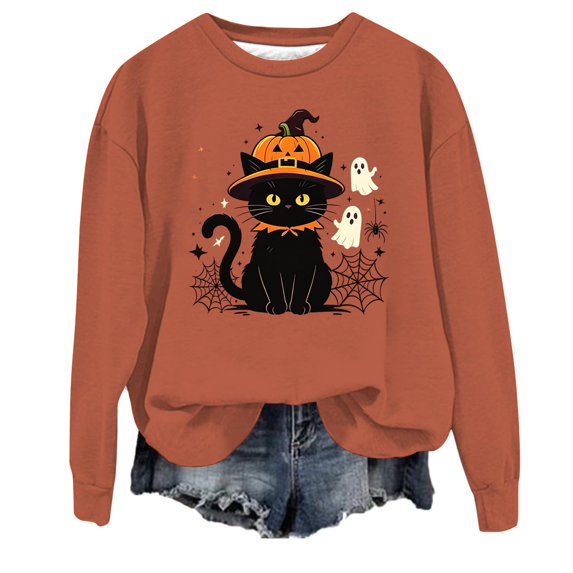 JULMCOMO Halloween Sweatshirt for Women Cute Cat Print Loose Casual Comfy Sweaters Funny Print Long Sleeve Party Holiday Graphic Tees Coffee 5XL
