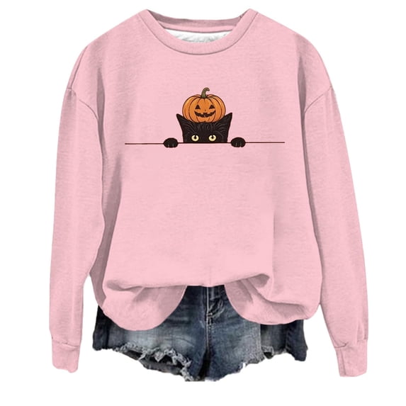 JULMCOMO Halloween Sweatshirt for Women Cute Cat Print Loose Casual Comfy Sweaters Funny Print Long Sleeve Party Holiday Graphic Tees Pink 2XL