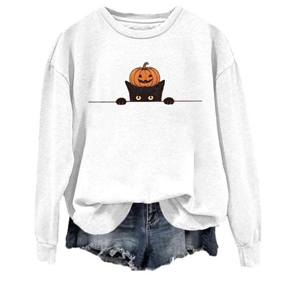 JULMCOMO Halloween Sweatshirt for Women Cute Cat Print Loose Casual Comfy Sweaters Funny Print Long Sleeve Party Holiday Graphic Tees White XL