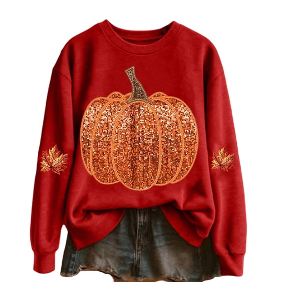 JULMCOMO Halloween Sweatshirt for Women Pumpkin Print Loose Casual Pullover Holiday Sweatshirts Crew Neck Long Sleeve Party Graphic Tees Red S