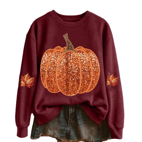 JULMCOMO Halloween Sweatshirt for Women Pumpkin Print Loose Casual Pullover Holiday Sweatshirts Crew Neck Long Sleeve Party Graphic Tees Wine L