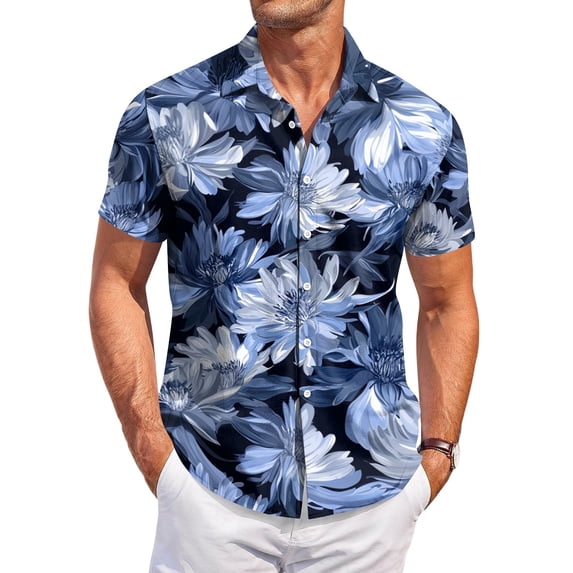 JULMCOMO Hawaiian Shirt for Men Tropical Print Collared Short Sleeve Casual Button Down Shirt Summer Beach Vacation Tees with Chest Pocket Blue 4XL