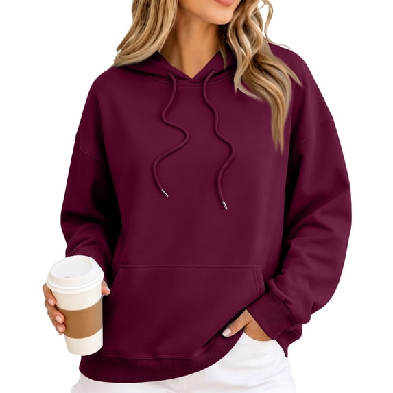 JULMCOMO Hoodies for Women Drop Shoulder Casual Pullover Oversized Hoodie Drawstring Hooded Baggy Sweatshirt with Kangaroo Pocket Wine L